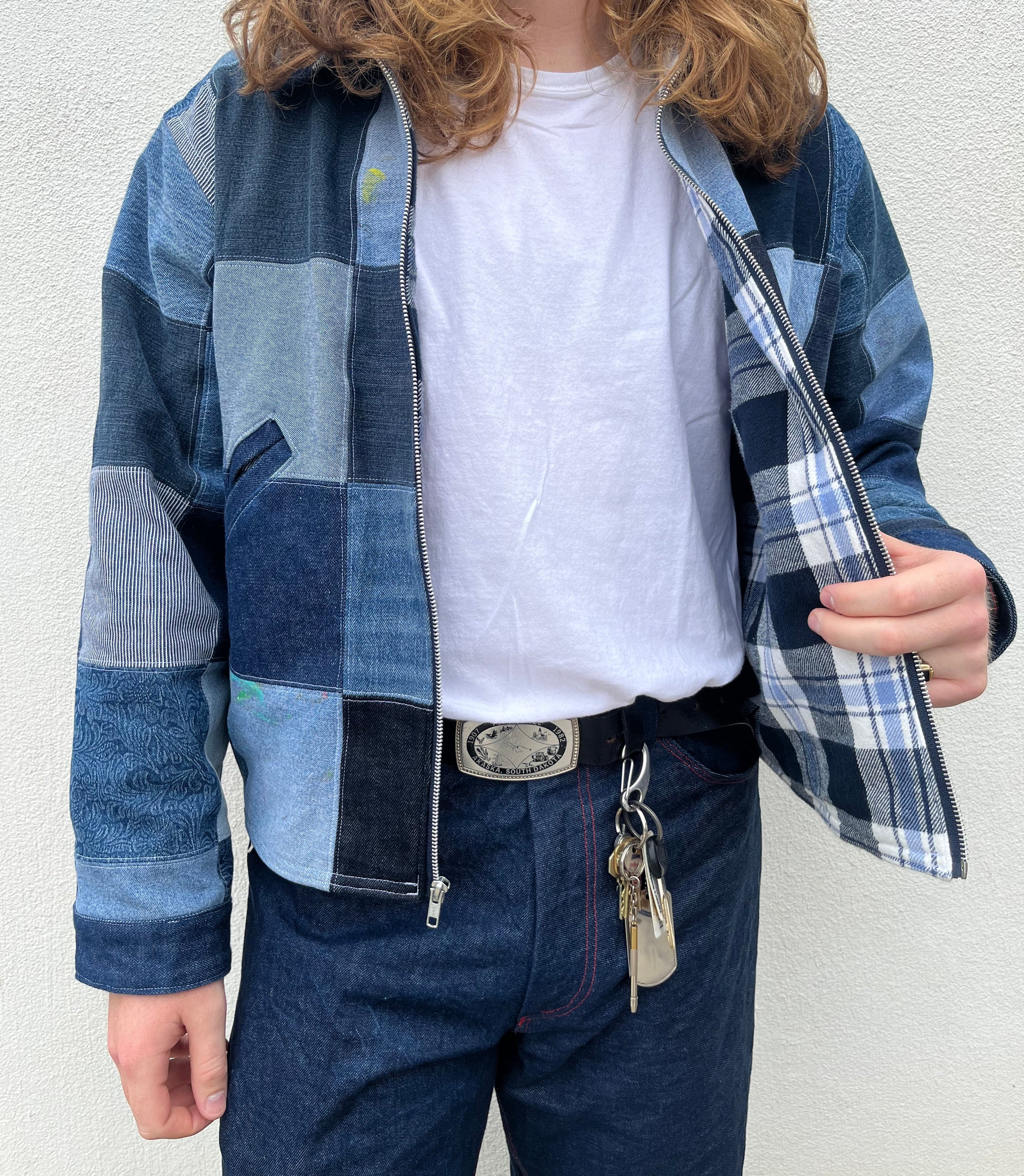 CHECKERED DENIM JACKET - XL